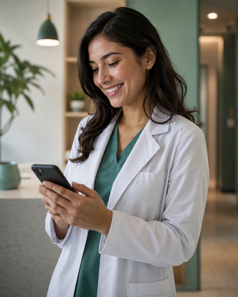 Doctora atendiendo por WhatsApp