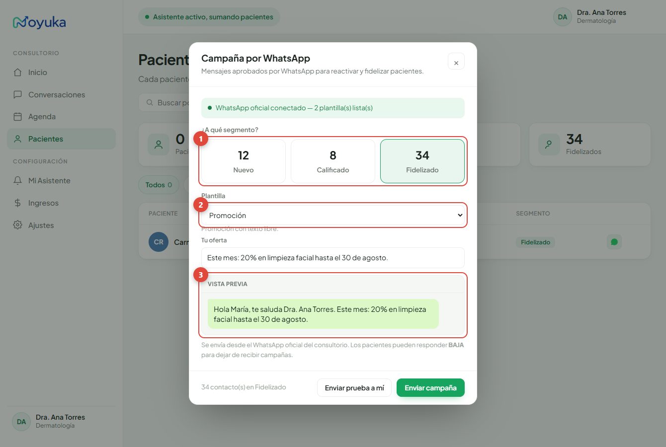 Pantalla de campaña por WhatsApp con segmento, plantilla y vista previa