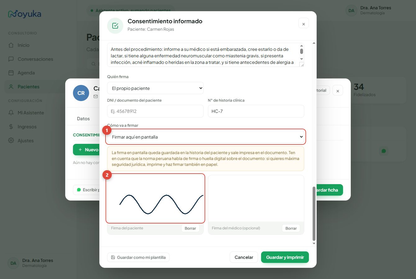 Selector de forma de firma y recuadro para firmar en pantalla