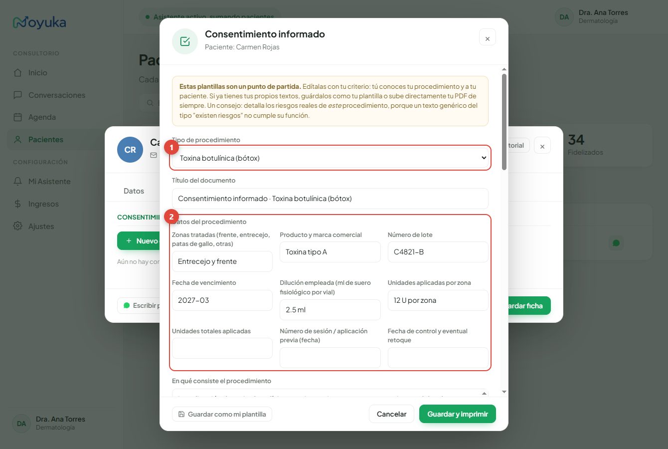 Editor de consentimiento con la plantilla de toxina botulínica