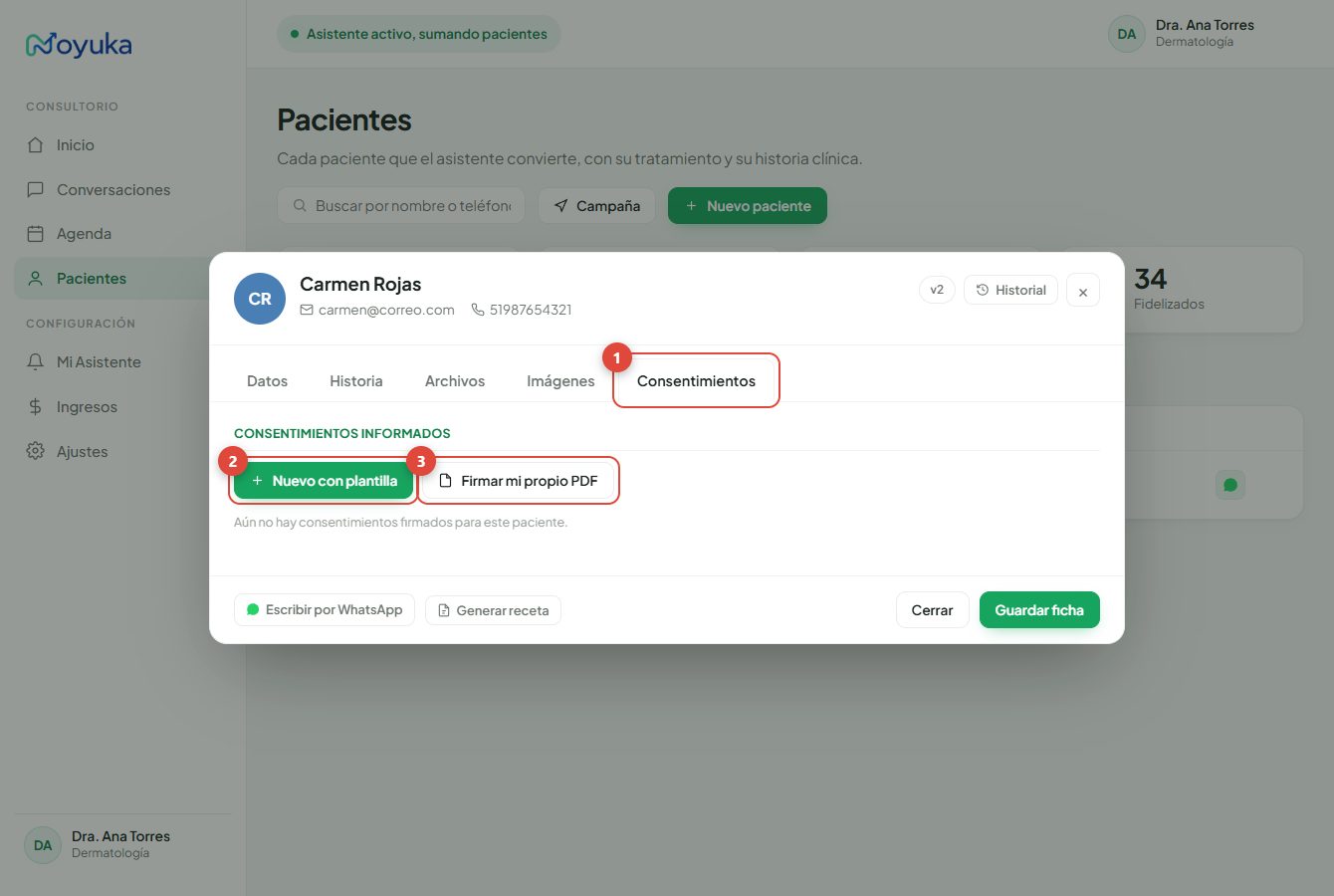 Pestaña Consentimientos en la ficha del paciente