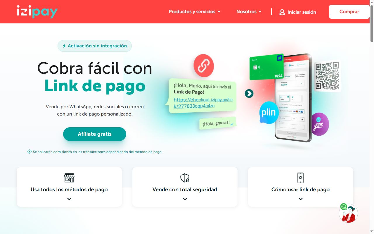 Página de Link de pago de Izipay con el botón Afíliate gratis