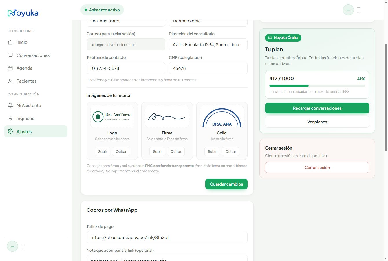 Bloque Imágenes de tu receta en Ajustes, con logo, firma y sello