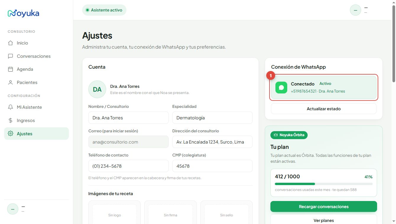 Tarjeta de conexión de WhatsApp en Ajustes mostrando el número activo